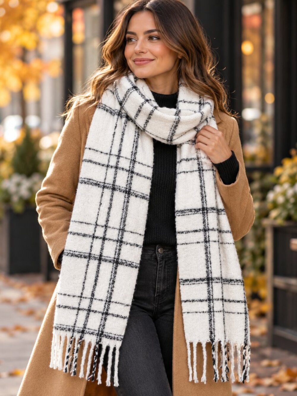 David & Young Black White Plaid Oversized Scarf Fringe Soft Cozy Winter